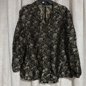 Chico's Gold Black Shiny Floral Button Down Silk Blend Blouse Sz 3/XL